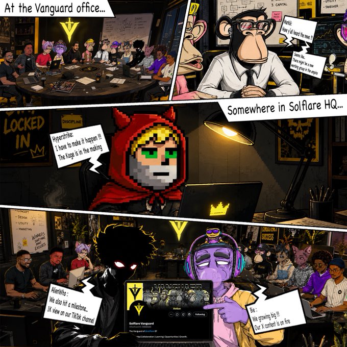 A comic-style illustration depicting scenes at the 'Vanguard office' and 'Somewhere in Solflare HQ...' featuring various anthropomorphic characters including monkeys and aliens in conversation.