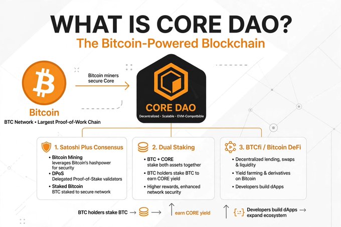An infographic titled 'WHAT IS CORE DAO? The Bitcoin-Powered Blockchain' explaining Satoshi Plus Consensus, Dual Staking, and BTCfi/Bitcoin DeFi features.