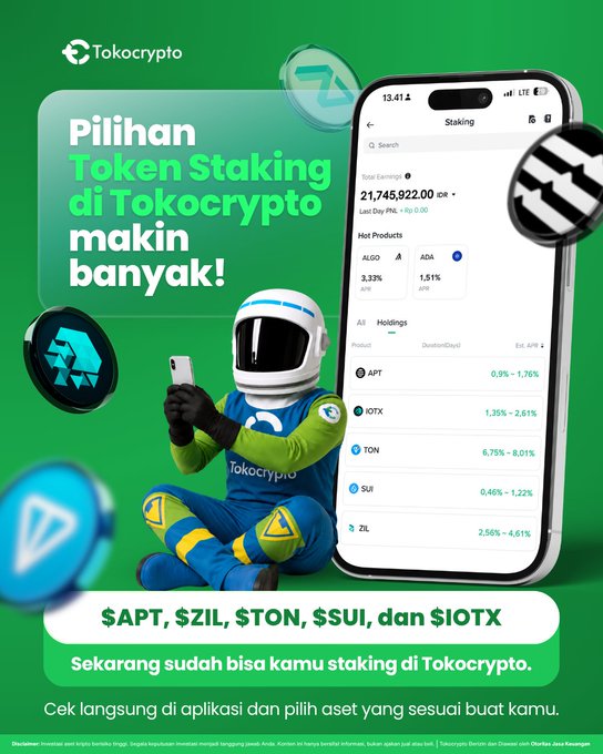 The image features a poster for an advertisement promoting token staking. The poster includes a cell phone with a person wearing a helmet sitting next to it, symbolizing the concept of token staking. The text on the poster highlights the benefits of token staking, such as earning tokens and potentially receiving returns from the tokens' value appreciation over time.