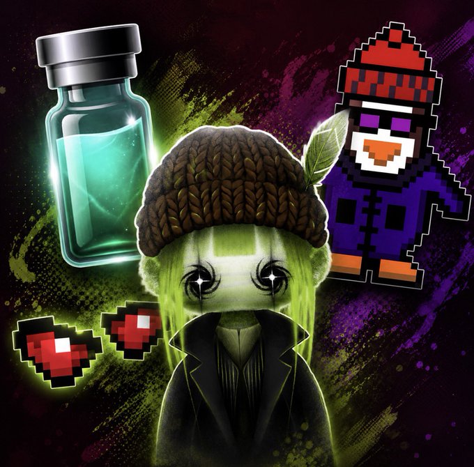 A digital art piece featuring a character with a brown knit beanie and glowing green hair surrounded by pixel art hearts, a green potion bottle, and a pixel art penguin wearing a red and black beanie, set against a dark, textured background.