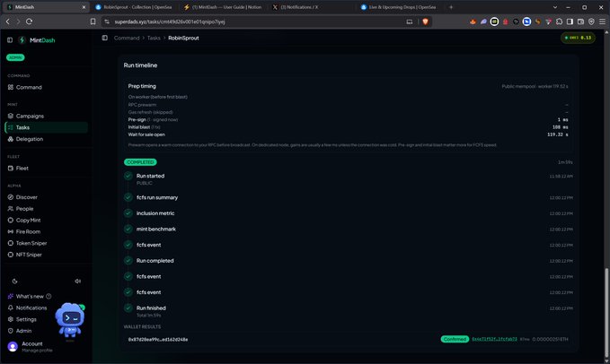 A screenshot of the MiniClash platform shows a completed task summary for "RobinEjemplo#," with the run timeline indicating "Run started" and "Run completed" as "PUBLIC" status, supporting the post's claim of a successfully fired task. The wallet results display the hash "0xfb106effb..ad8269b5e" and a successful execution link.