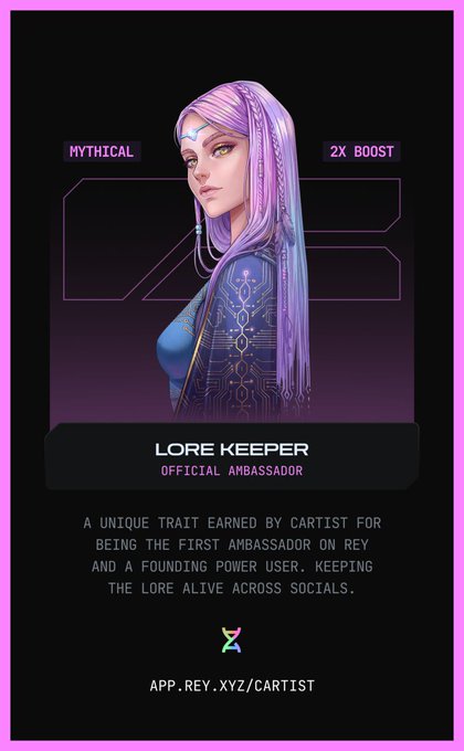 A digital collectible card showing a purple-haired female character labeled 'LORE KEEPER - OFFICIAL AMBASSADOR' with 'MYTHICAL' rarity and '2X BOOST', noting it's a unique trait for the first ambassador on the Cartist platform.