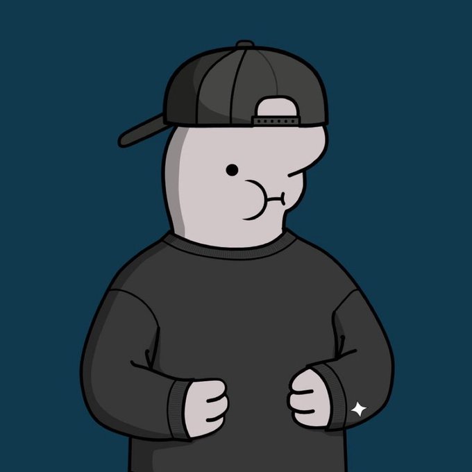 A cartoon illustration of a character wearing a black cap and black sweatshirt with a small star on the sleeve, making a kissing face.