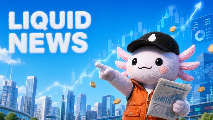 The image features a cartoon character, likely an animated character such as a frog or a dog, standing next to a city skyline with tall buildings. The character appears to be holding a newspaper, possibly a financial news paper like "Liquid News". The background of the image is blue and filled with white clouds, giving it a dreamy atmosphere. The text in the image reads "Liquide News", which could indicate that the cartoon character is associated with a news organization or a company related to liquid assets.