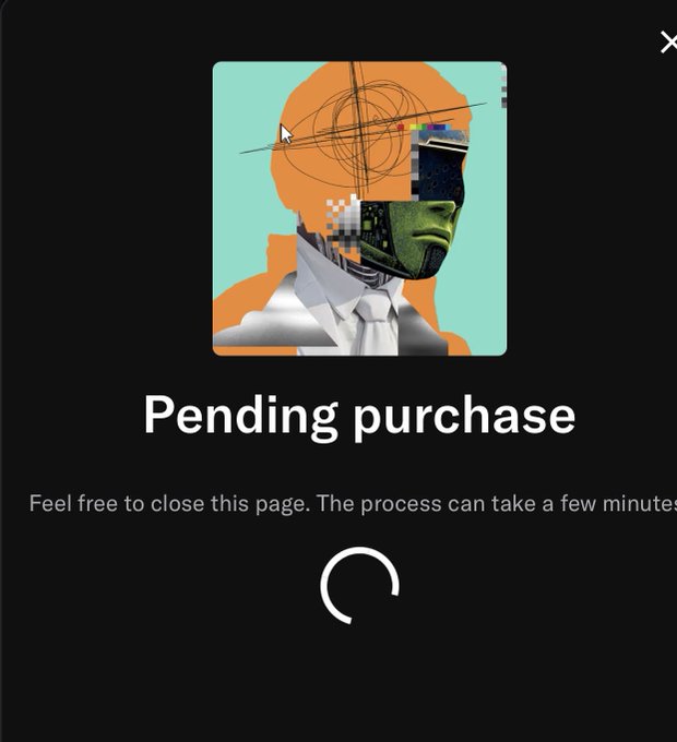 A pending purchase screen displaying the text "Pending purchase" with "Feel free to close this page. The process can take a few minutes" above a loading icon, featuring a stylized digital art portrait of a person with technical overlays.