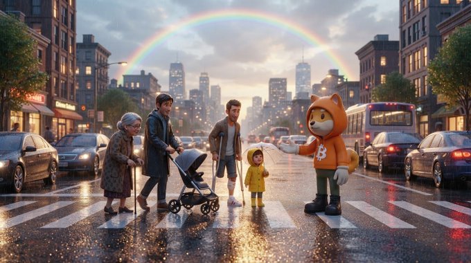 A whimsical scene showing a family with a stroller and a person in a fox mascot costume on a city crosswalk under a rainbow, with city buildings in the background.