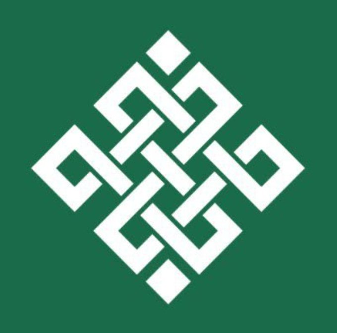 A green background displaying a white geometric Celtic-style knot logo, known as the Shardus logo.