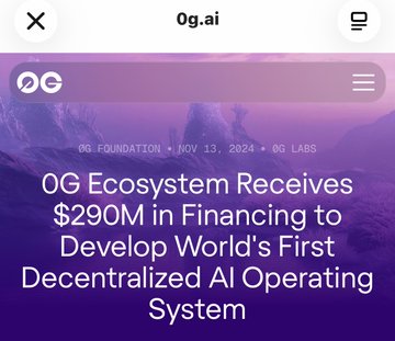 The image shows a screenshot of a website called "OGG ecosystem receives $2900M in financing to develop world's first centralized AI operating system". The website appears to be promoting an AI project, possibly related to machine learning or artificial intelligence.