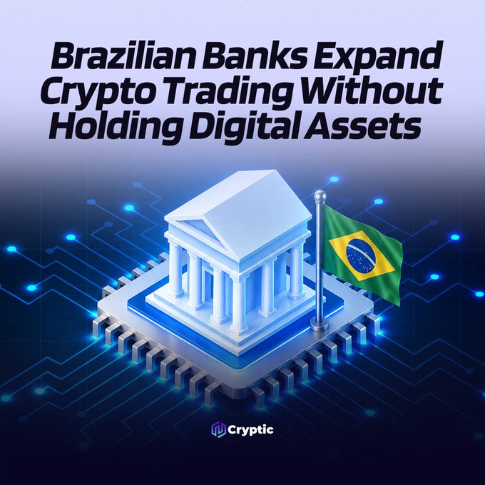 The image shows a digital bank on a circuit board beside the Brazilian flag, symbolizing major Brazilian banks expanding crypto access. Text reads: “Brazilian Banks Expand Crypto Trading Without Holding Digital Assets,” highlighting Itaú, Nubank, and Banco do Brasil acting as intermediaries and custodians while keeping crypto off their balance sheets.