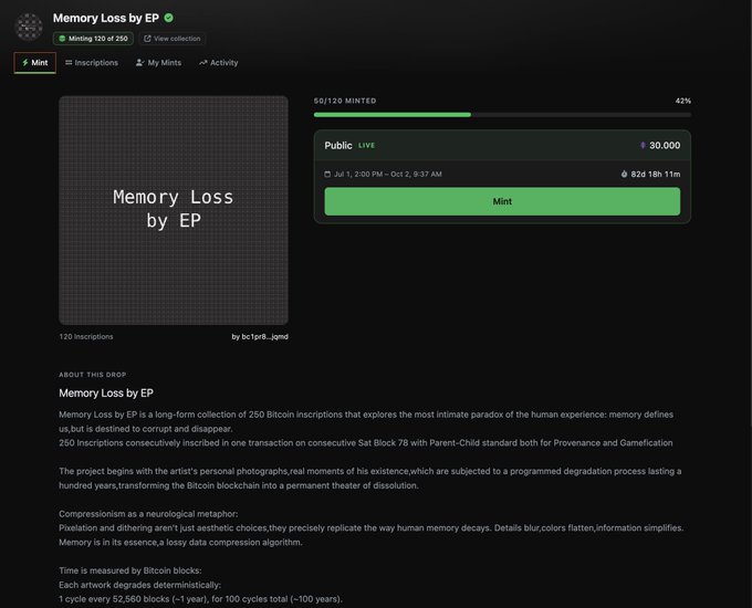 A webpage for an NFT drop titled 'Memory Loss by EP' on a platform, showing 50/120 minted, a price of 30.000, and text describing it as a long-form collection of 250 Bitcoin inscriptions exploring human memory.