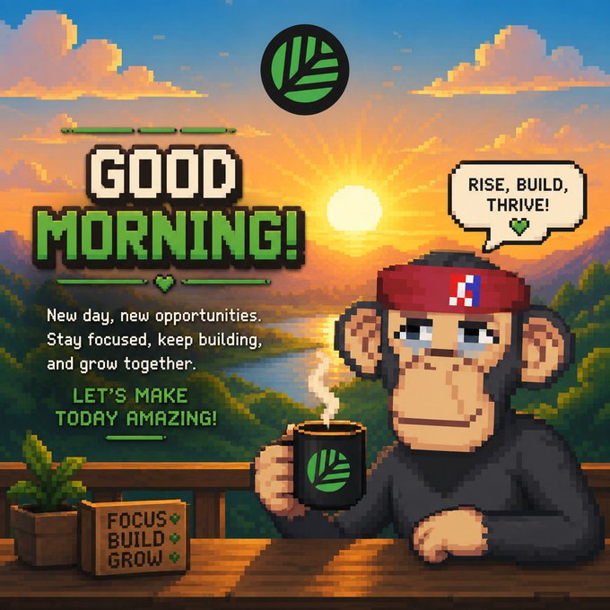 A pixel-art style "GOOD MORNING!" graphic featuring a chimpanzee wearing a red headband with a "B" logo, holding a steaming coffee mug, with text reading "Rise, Build, Thrive!" and "New day, new opportunities. Stay focused, keep building, and grow together."
