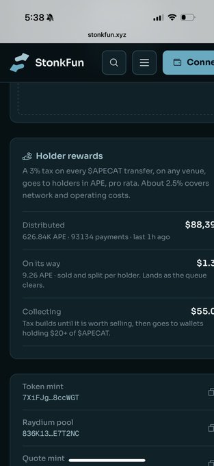 A mobile screenshot of the website stonkfun.xyz showing "Holder rewards" information including a 3% tax on $APECAT transfers and distribution statistics.