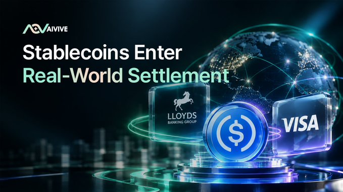 A promotional graphic from AvaVive titled 'Stablecoins Enter Real-World Settlement' featuring Lloyd's Banking Group, Visa, and a central dollar coin against a dark global network backdrop.