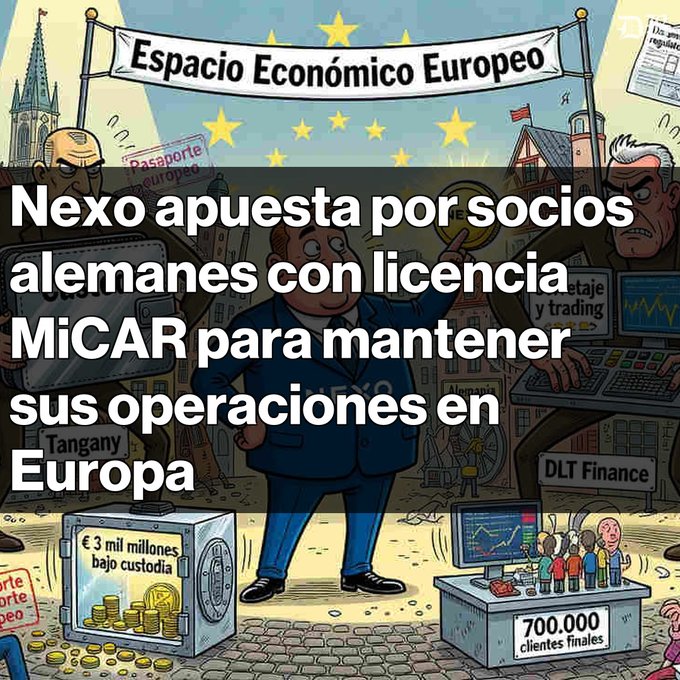 The image is an illustrated graphic featuring a banner reading "Espacio Económico Europeo" at the top, with cartoon characters representing business figures, a safe labeled "€ 3 mil millones bajo custodia," and a screen showing "700.000 clientes finales," along with text mentioning "Tangany" and "DLT Finance." The accompanying caption explains that Nexo is partnering with German companies Tangany and DLT Finance—holders of MiCAR licenses—to maintain its operations in Europe, with Tangany handling custody of assets exceeding €3 billion and DLT Finance managing trading activities for approximately 700,000 end clients.