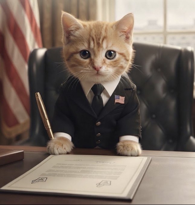 A digital illustration of an orange tabby kitten wearing a dark suit with an American flag pin, sitting at a desk with a pen and document, with an American flag in the background.