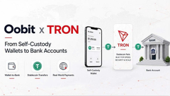 An advertisement banner for 'Oobit x TRON' promotes self-custody wallets to bank accounts with steps illustrated: wallet to bank, instant cashout, transparent fees, easy self-custody wallet, and bank account.