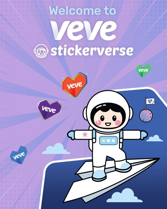 The image features a cartoon astronaut wearing a white spacesuit, standing on a paper airplane that has been designed with a blue background and purple hearts scattered around it. The text "Welcome To VeVe Stickerverse" is displayed above the astronaut's head, indicating the creator of this unique collecting experience. The post also mentions the VeVe Stickerverse A brand-new collecting experience built on Telegram and the TON blockchain, which can be accessed by following the provided link.