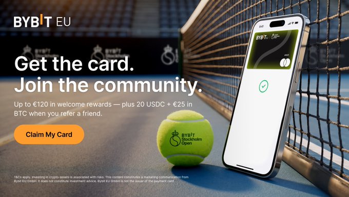A promotional advertisement for the Bybit EU card featuring a limited edition Stockholm Open design, displayed on a smartphone alongside a tennis ball on a court, with the text "Get the card. Join the community" and a call-to-action button reading "Claim My Card" offering up to €120 in welcome rewards and referral bonuses of 20 USDC + €25 in BTC.