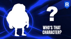 A character silhouette guessing game prompt showing a white silhouette of a stout figure on a blue background with a question mark and the text 'WHO'S THAT CHARACTER?'