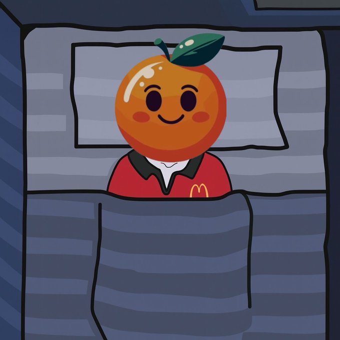 An illustration of a cartoon orange character wearing a red McDonald's uniform shirt, sitting in bed under a blue striped blanket.