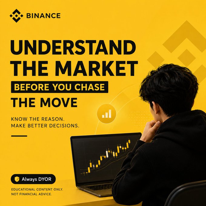 A Binance promotional graphic features a person analyzing green and red candlestick charts on a laptop, with bold text reading "UNDERSTAND THE MARKET BEFORE YOU CHASE THE MOVE" and the tagline "Know the reason. Make better decisions," reinforcing the post's message about analyzing market movements rather than reacting impulsively. The Binance logo and "Always DYOR" educational disclaimer appear alongside.