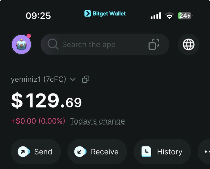 A screenshot of the Bitget Wallet app showing a balance of $129.69 for the account "yeminizi1" (7cFC), with options to Send, Receive, and view History, illustrating the wallet interface users would use to receive the giveaway $ mentioned in the post.