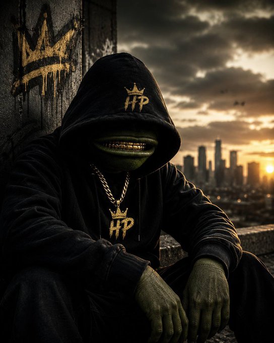 AI-generated image of a hooded figure wearing a green Pepe-style mask with a gold 'HP' crown logo on a hoodie and pendant, set against a city skyline at sunset.