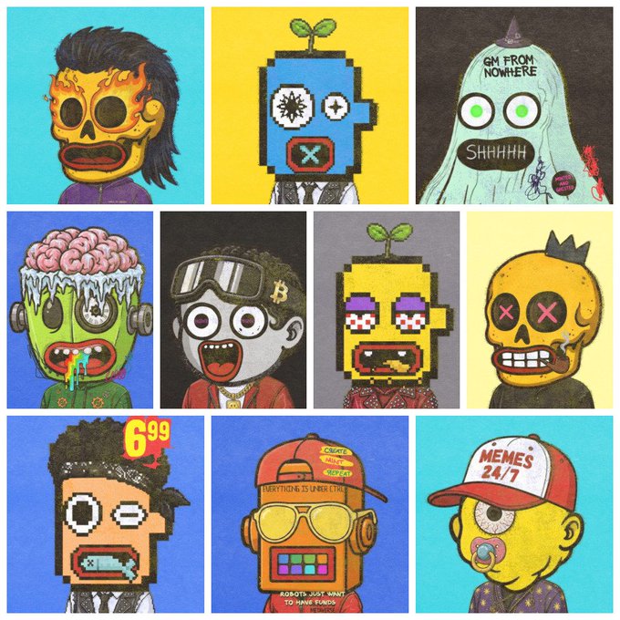 A grid of colorful NFT-style cartoon characters with pixelated and zombie-like designs, including skulls, plants, and figures with text like 'G$99', 'SHHHHH', and 'MEMES 24/7'.