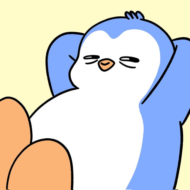 The image features a cartoon penguin with its arms raised up in the air, giving the impression of relaxation or comfort. The penguin appears to be resting or lounging, as if enjoying some downtime. The background color of the image is yellow, which contrasts nicely with the blue and white colors of the penguin's body and face. There are no other objects or texts present in the image, making it a simple yet engaging visual.