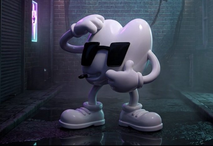 A glossy white heart-shaped mascot character wearing black sunglasses and chunky sneakers strikes a confident pose in a moody, neon-lit alleyway, giving off cool "main character" energy. The image visually reinforces the "DO NOT FADE FOMO" message by anthropomorphizing the FOMO emotion as a bold, unbothered figure standing its ground—much like telling yourself not to let fear of missing out shake you.