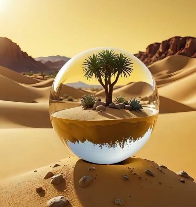 A desert landscape scene featuring a glass sphere containing a small tree and succulents, sitting on a mound of sand with rocky mountains in the background.