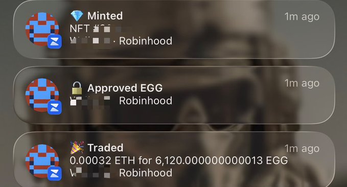 A screenshot shows three recent activity notifications from Robinhood: a NFT minted, an approved EGG transaction, and a trade of 0.00032 ETH for 6,120.000000000013 EGG, all occurring 1 minute ago. The notifications support the post's caption "Minted. Now send it." by visually displaying the minting event alongside the subsequent trades and approvals.