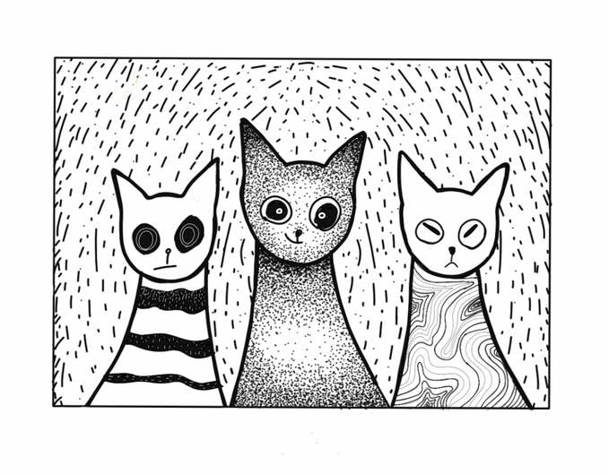 A black and white ink drawing of three stylized cats with different patterns—stripes, stippling, and swirls—against a background of dashed lines.