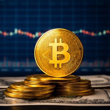 The image shows a stack of gold Bitcoin coins with the "₿" symbol prominently displayed, resting on US dollar bills with a financial chart showing price movements in the background. This visual directly illustrates the post's discussion of Bitcoin's current price range, highlighting the cryptocurrency's struggle between resistance levels of $83,000–$86,000 and downside support at $62,000–$65,000.