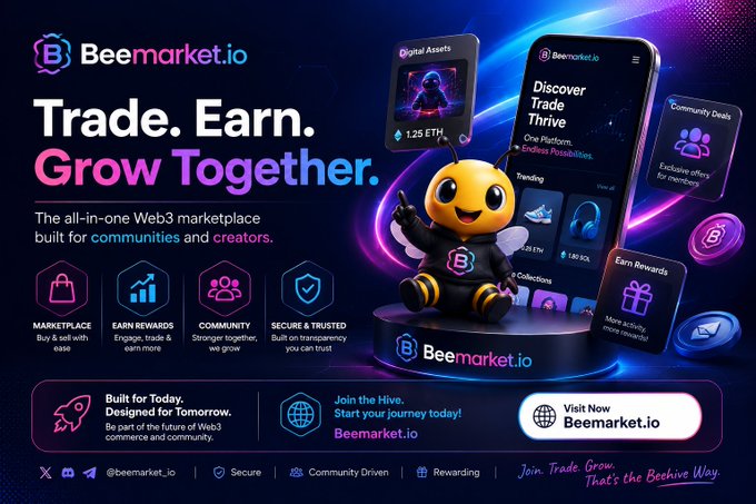 An advertisement for Beemarket.io, a Web3 marketplace, with the tagline 'Trade. Earn. Grow Together.' featuring a bee mascot and features like Marketplace, Earn Rewards, Community, and Secure & Trusted.