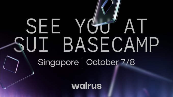 A promotional graphic with the text "SEE YOU AT SUI BASECAMP, Singapore | October 7/8" and the "walrus" logo on a dark background with 3D geometric shapes.