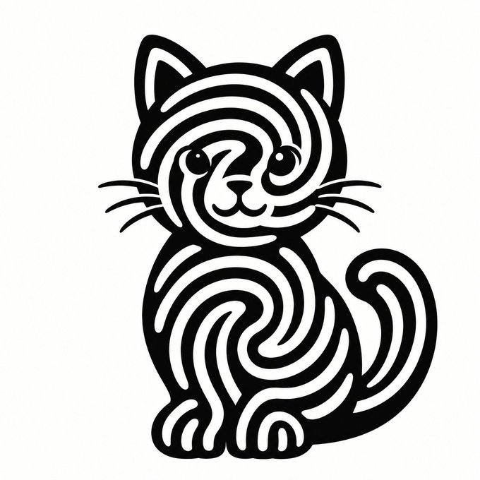 A stylized black and white line-art illustration of a sitting cat composed of swirling maze-like patterns.