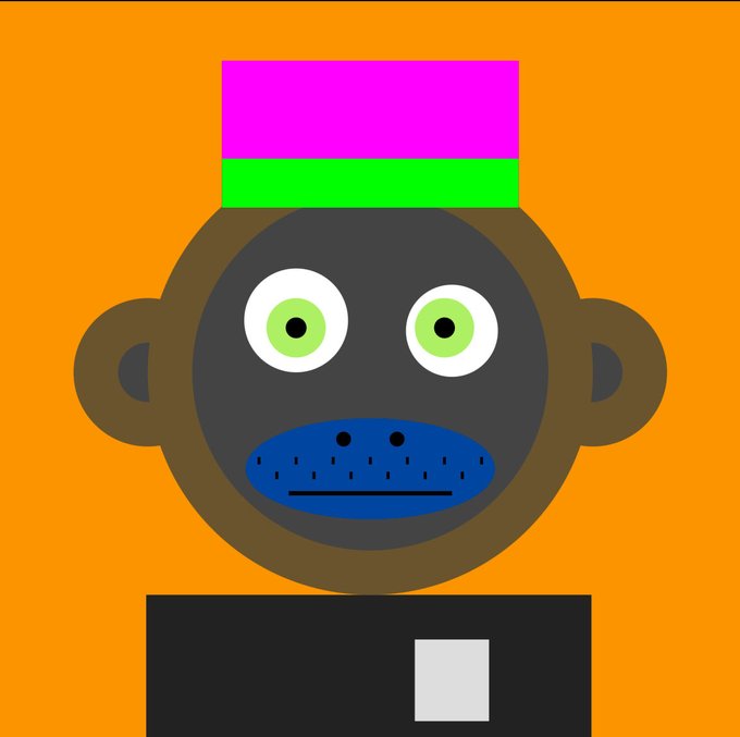 A flat-design cartoon monkey face with a purple and green hat, wide green eyes, and a blue muzzle, set against an orange background.