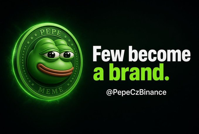 A dark-themed graphic featuring the Pepe meme coin logo with green glowing text reading 'Few become a brand.' and the handle '@PepeCzBinance'.