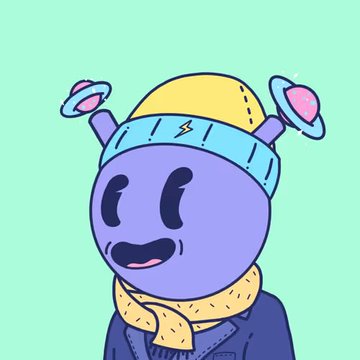 A digital illustration of a purple, round character wearing a blue and yellow beanie with bear-like ears, smiling against a light green background.
