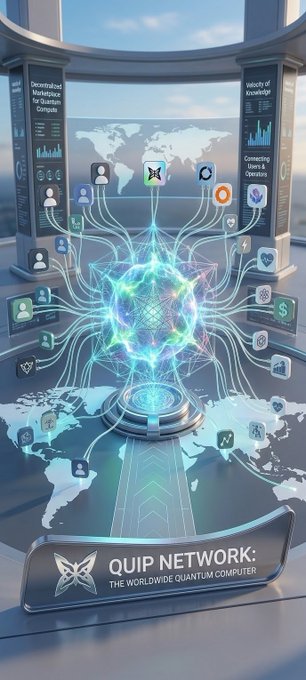 A futuristic illustration of the QUIP Network, described as 'the worldwide quantum computer,' featuring a glowing central network node connected to user icons around a world map.