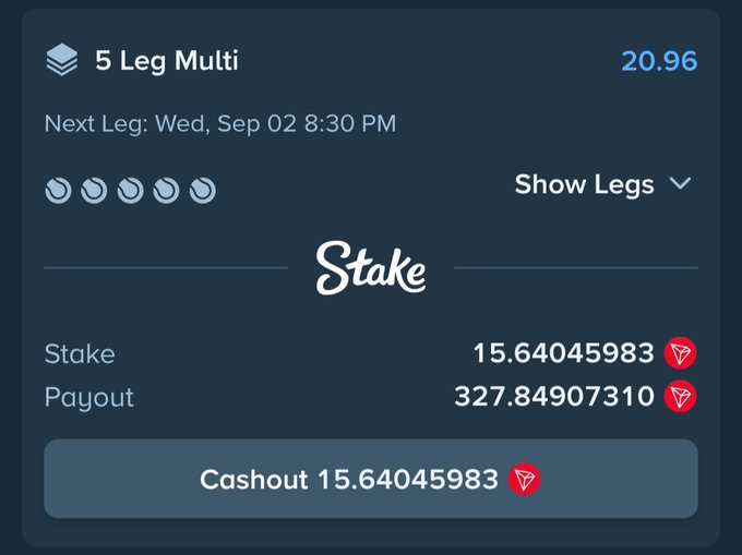 A screenshot of a Stake betting slip showing a '5 Leg Multi' with 5 selected legs, a stake of 15.64045983, a potential payout of 327.84907310, and the next leg scheduled for Wed, Sep 02 at 8:30 PM.