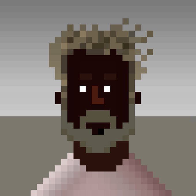 A low-resolution pixel art portrait depicts a person with dark skin, white eyes, and a tan beard against a gray background, wearing a pinkish-white shirt.