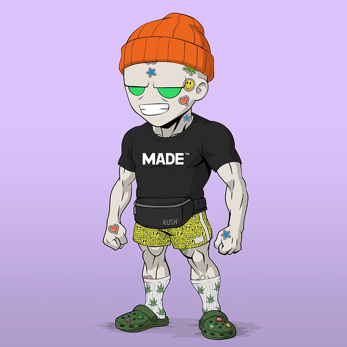 A cartoon illustration of a character with a big grin wearing an orange beanie, green sunglasses, a black 'MADE' t-shirt, a 'KUSH' fanny pack, yellow smiley-face shorts, marijuana-patterned socks, and green Crocs.
