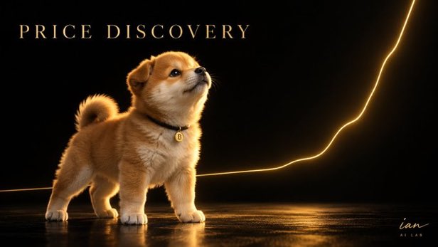 A promotional image titled 'PRICE DISCOVERY' featuring an adorable Shiba Inu puppy standing against a dark background with a golden lightning bolt streak, signed 'ian' in the corner.