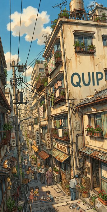 The image depicts a busy city street with people walking around and various buildings lining the sides. There are two main characters in the scene - one person sitting at a table near the bottom of the frame, and another person standing further back on the right side of the photo. The street is filled with activity as pedestrians go about their day, creating a lively atmosphere.

The image also includes several potted plants scattered throughout the scene, adding greenery to the urban environment. One plant can be seen near the bottom left corner and another one closer to the center-right side of the photo. The presence of these plants contributes to the overall aesthetic appeal of the city street.