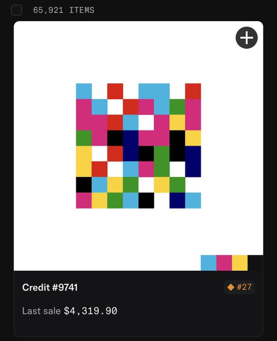 A screenshot of an NFT marketplace displaying 'Credit #9741', '65,921 ITEMS', and a 'Last sale $4,319.90' with a colorful pixelated artwork.