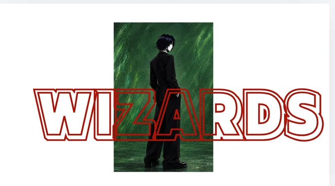 An image featuring a dark-haired anime character standing in the rain, overlaid with the red outline text 'WIZARDS'.