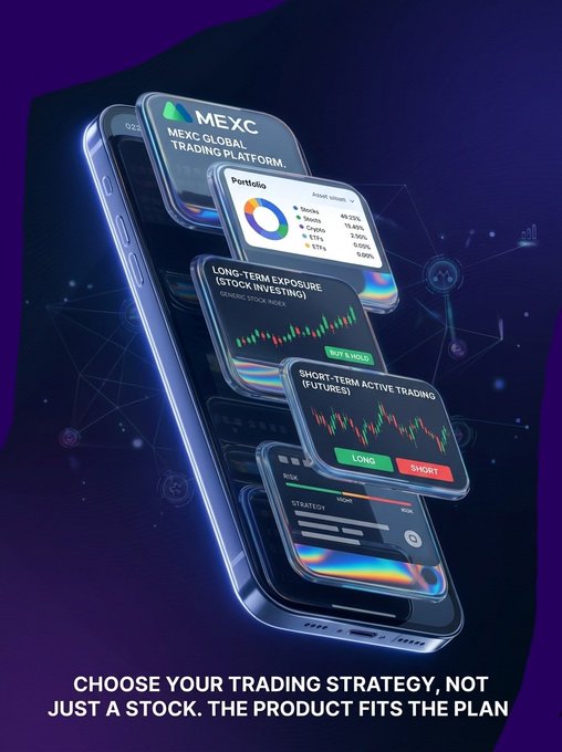 A digital advertisement for the MEXC Global Trading Platform shows a smartphone displaying portfolio tracking, long-term stock investing, and short-term active futures trading, with the text 'CHOOSE YOUR TRADING STRATEGY, NOT JUST A STOCK. THE PRODUCT FITS THE PLAN'.
