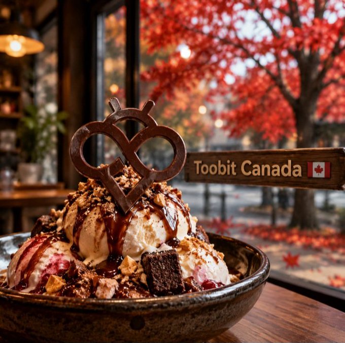A decadent ice cream sundae topped with chocolate sauce and a chocolate pretzel decoration, served in a bowl next to a wooden sign reading "Toobit Canada" with a Canadian flag, set against an autumn backdrop with red maple leaves.